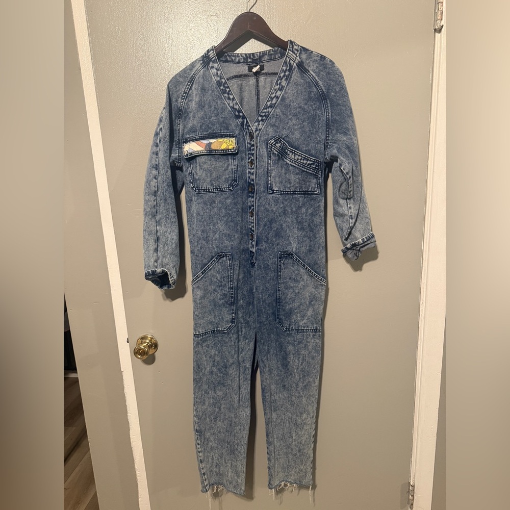 Blue Denim Jumpsuit with Patch Detail